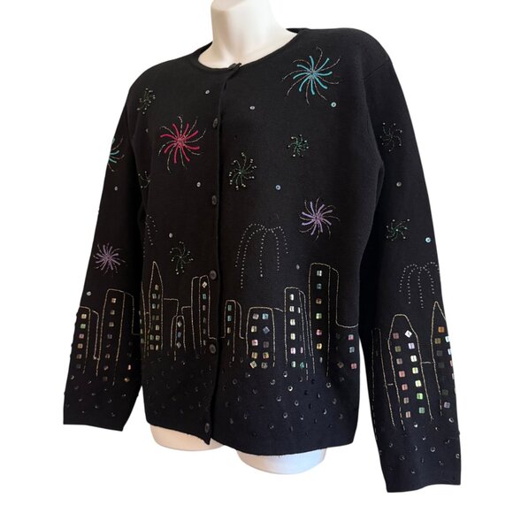 Vintage Y2K 2000 Beaded NYE Fireworks NYC City Skyline Merino Wool Cardigan XL - Picture 4 of 12